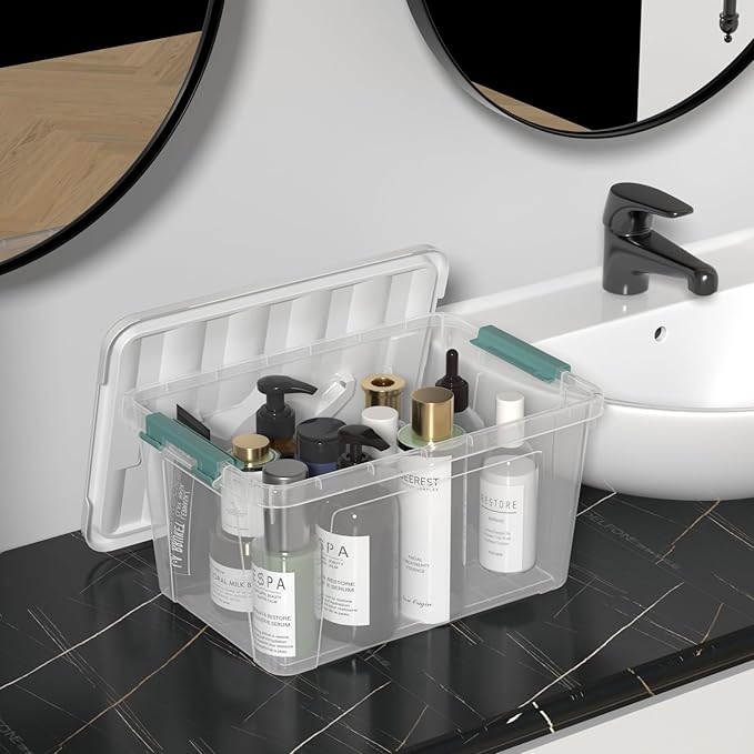 Zopnny 14 Quart Plastic Lidded Storage Bin with Handle Clear Latching Box with White Lid 6 Packs
