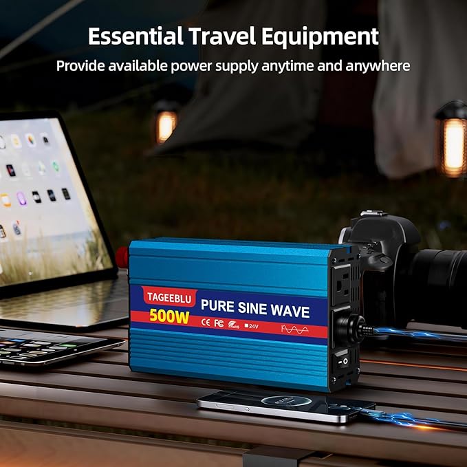 500W Pure Sine Wave Power Inverter DC 24V to 110V AC Converter with LCD Display Battery Clamps &amp Cigarette Lighter Plug Car Inverter with Dual AC Outlets for Vehicles RV Truck Camping Laptop CPA