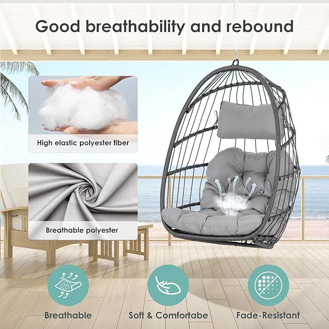 Hanging Egg Chair Without Stand - Foldable Indoor Outdoor Wicker Rattan Swing Egg Chair with Hanging Chain Hammock Chair - UV Resistant Cushions &amp Aluminum Frame for Bedroom Patio Camping (Grey)