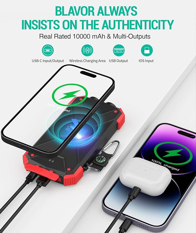 BLAVOR Solar Power Bank 10000mAh Portable Wireless Charger 20W Fast Charging External Battery Pack with USB C for Cell Phones Solar Panel Charging with Dual Flashlight for Camping