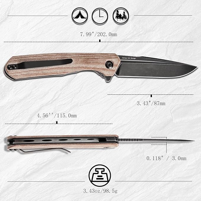 KANSEPT Qilin Pocket Knife 3.24'' Blackwash 154CM Sharp Blade Brown Micarta Handle for Edc Flipper and Liner Lock with Double-Sided Clip Men Camping Survival Folding Knives T1047A3