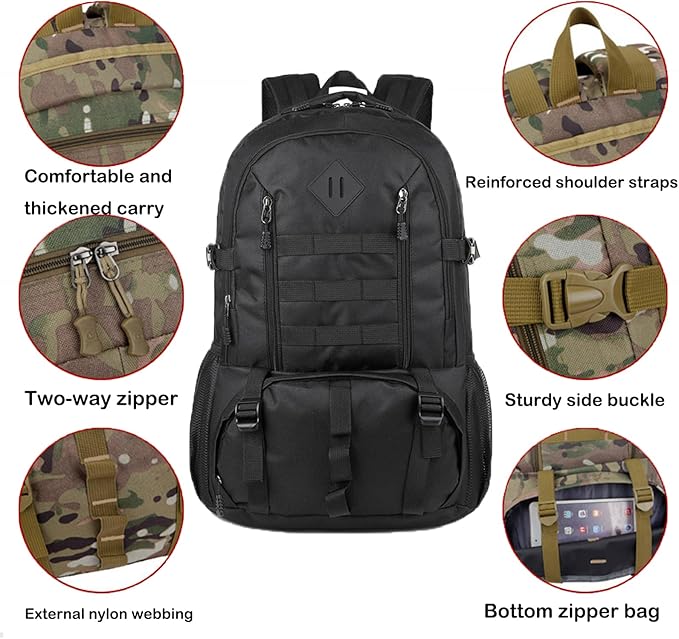 50L Tactical Backpack Outdoor Mountaineering Travel Backpack for Men and Women Large Capacity Camouflage Backpack (Black)