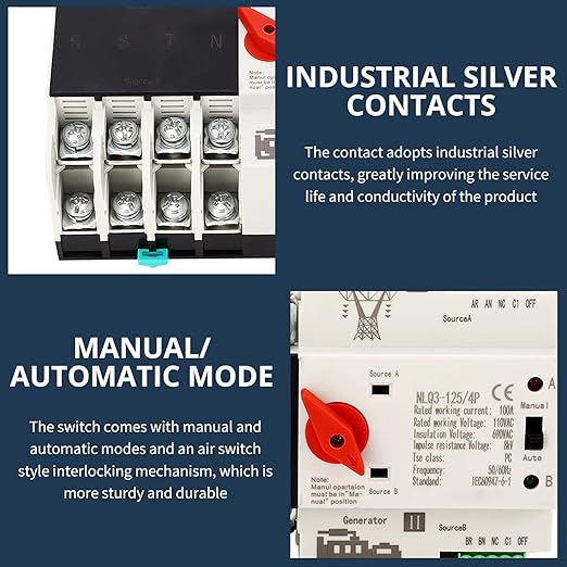 Power Automatic Transfer Switch 4P 100A Generator Changeover Switch AC110V Electronic Circuit Breaker Rail Mounted Type Millisecond Fast Switching Controller for PZ30