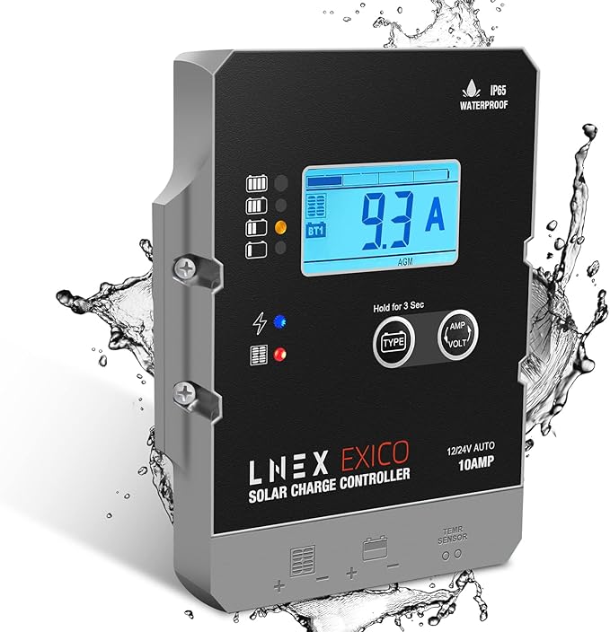 LNEX Solar Charge Controller Waterproof 10A Super Thin Panel Battery Intelligent Regulator With LCD Display 12V/24V PWM Controller for LiFePO4 AGM Gel Flooded and Lithium Battery