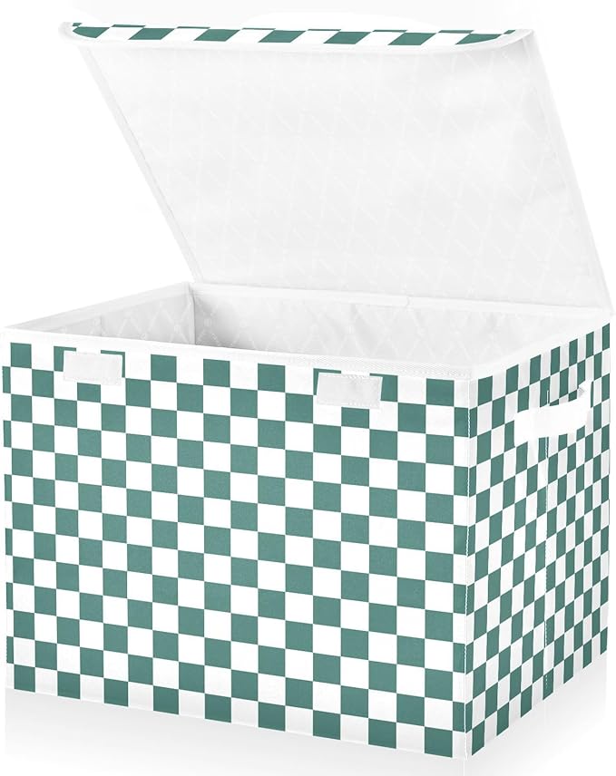 Teal Green White Checkered Storage Bins with Lids Foldable Storage Boxes Cube Closet Storage Baskets Container Organizers for Home Bedroom Office