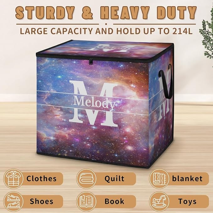 Custom Name Large Clothes Storage Organization with Lids Kids Toys Bin Shelf Basket Bedding Clothes Storage Bin for Nursery Gift Basket Space Universe Galaxy Background with Initial Letter