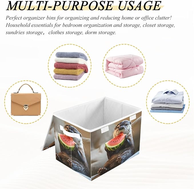 AIXIWAWA Lidded Storage Cube (Otter Watermelon) Fabric Foldable Closet Bins with Flip Lid and Handles Organizer Basket Container 16.5 x 12.6 x 11.8 IN