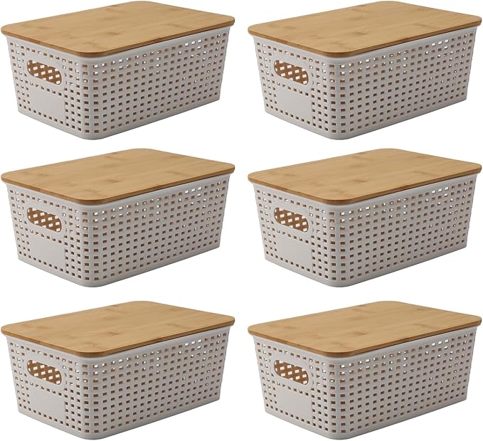 LASIEYO 6 Pack Bamboo Lid Storage Bins - Decorative Organizer Baskets for Pantry