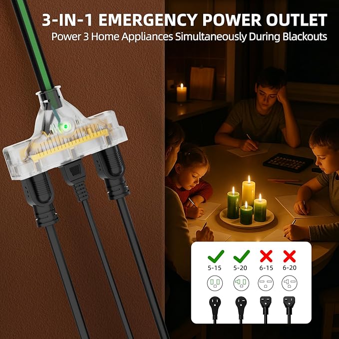 25FT Generator Extension Cord NEMA L5-30P to Triple 5-15R/5-20R 10 Gauge 30 Amp to 110V Twist Lock Power Cord with LED Indicator ETL Listed Heavy Duty Power Adapter for RV Jobsite Backup Use