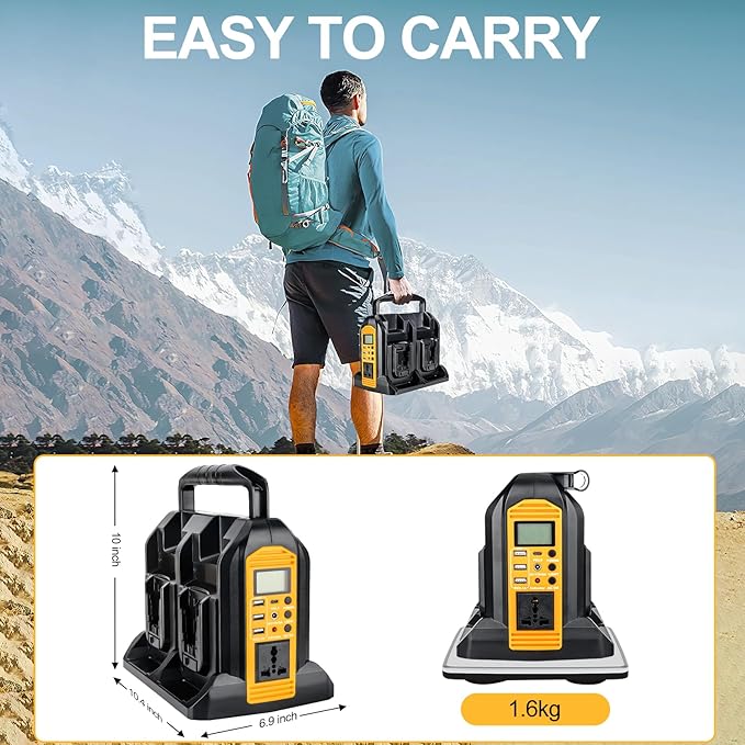 YEX-BUR 350W Power Inverter for Dewalt 20v 60v Battery 4-Ports DC 20V to AC 120V Pure Sine Wave Inverter with 3 USB-A &amp 1 USB-C Port 300LM LED Light for Outdoor Activities(No Battery)