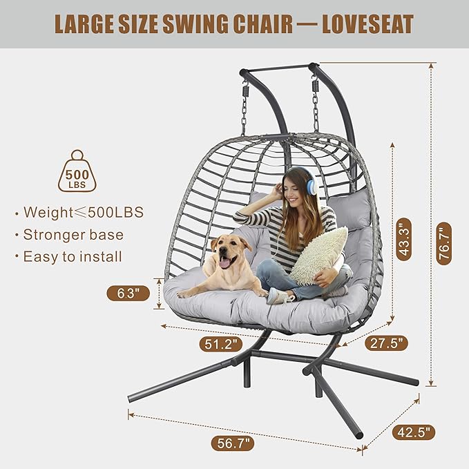Double Hanging Egg Chair wth Stand Patio Hammock Swing Chair with Cushion Loveseat for Bedroom Balcony Garden Indoor Outdoor