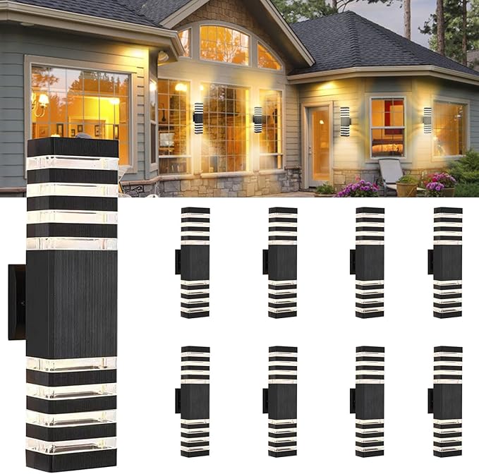 18.3inch 8 Pack LED Square Up&ampDown Wall Lights 24W 4000K Day White Outdoor Wall Light Aluminum Body Waterproof IP65 led Porch Light for House Patio Garage Garden No Sensor