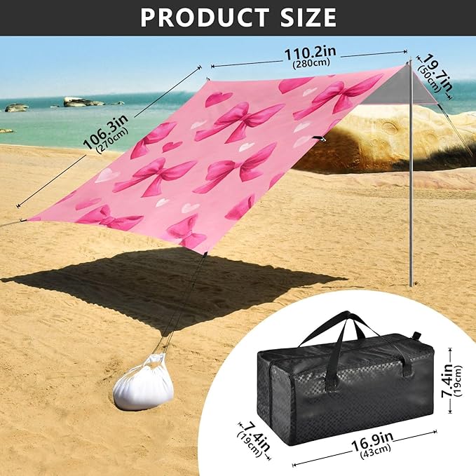 ALAZA Pink Bows Love Pattern Beach Tent Sun Shelter Portable Canopy Sunshade for Outdoor Camping Picnics Backyard Fun 10x9 ft