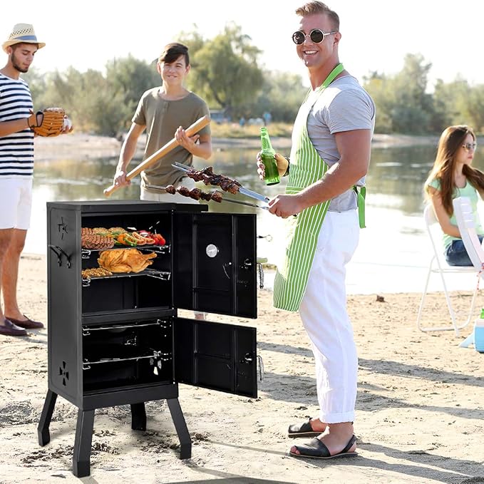 DORTALA Vertical Charcoal Smoker Outdoors Charcoal Barbeque Smoked Carbon Oven Iron Structure w/Two Chrome-plated Nets Two Charcoal Pots Suitable for Lawn Picnic Backyard BBQ (Black)