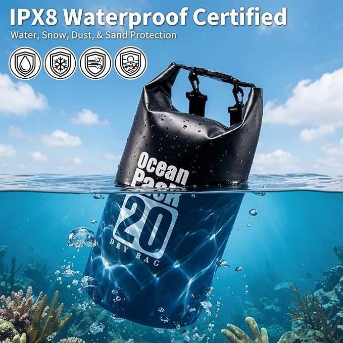 Waterproof Backpack 20L Roll Top Closure Dry Bag Water Proof Black Lightweight Floating Dry Bag for Kayaking Boating Hunting Durable Hiking Backpack with IPX8 Waterproof Phone Pouch-Black 7