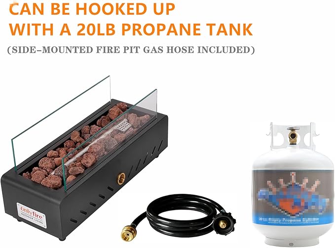 ONLYFIRE OUTDOOR LIVING 18 Propane Gas Fire Pit with Glass Wind Guard &amp Lava Rocks Portable Tabletop Smokeless Firepit Side-Mounted for Patio Backyard Camping Tailgating RV Hose Included FP026