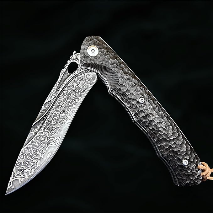 TACTICAL GEARZ Damascus Steel Pocket Knife for EDC Ebony (Black) Wood Handle Multi-Layered Damascus Steel Blade (Krato XT)