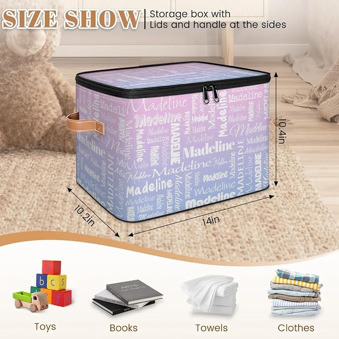 Custom Storage Basket with Name Personalized Keepsake Box with Zipper Lid Foldable Fabric Memory Bin Large capacity with Handle Pink Purple