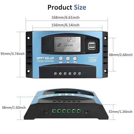 60A MPPT Solar Charge Controller 12V/24V Auto Solar Panel Intelligent Regulator with Dual USB LCD Display Multiple Load Control Modes Timer Setting