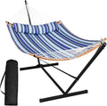 SUNCREAT Double Hammock with Stand Included Portable Hammock with Stand and Large Pillow Blue Stripes