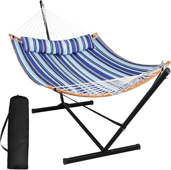 SUNCREAT Double Hammock with Stand Included Portable Hammock with Stand and Large Pillow Blue Stripes