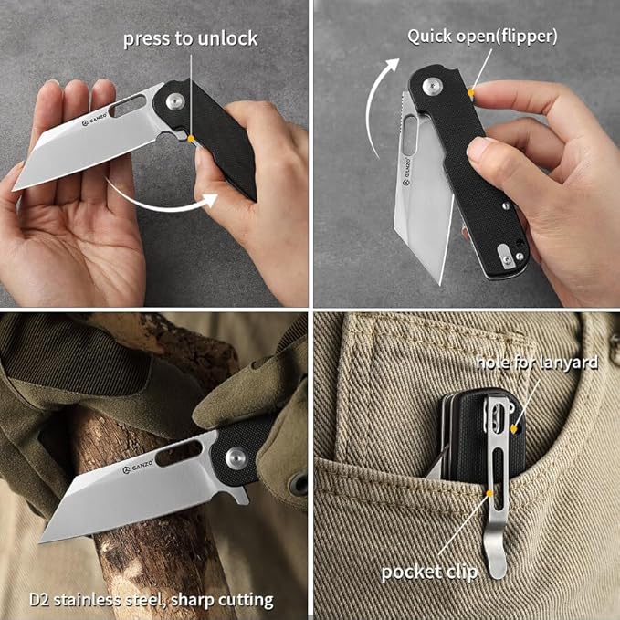 Ganzo G770-GR EDC Folding Pocket Knife Razor Sharp D2 Stainless Steel Blade G10 Handle with Clip Outdoor Foldable Not Automatic Knife Hunting Fishing Hiking Gear Best Gift for Men (Green)