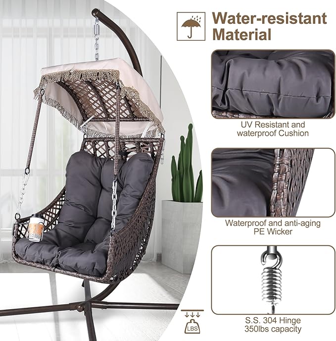 Swing Egg Chair with Stand Indoor Outdoor Wicker Rattan e 350lbs Capacity Hammock Chair for Patio Bedroom with Sunshade Cloth Courtyard Cushion and Pillow(Old W1132P169534)