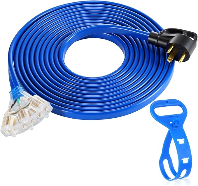 Tellegloww 35 FT Flat RV Generator Adapter Cord NEMA TT-30P to 3X 5-20R/5-15R 30A to 110V 15/20 A Household Outlet Adapter 10 Gauge Flat RV Generator Extension Cord ETL Listed Blue