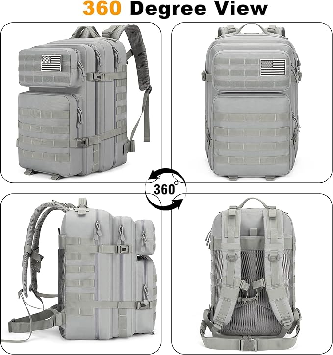 Tactical Backpack 45L Army Military Rucksack Water Resistant MOLLE Pack Large 3 Day Bug Out Bag for Men &amp Women Durable Outdoor Gear for Hiking Camping Hunting Travel (Grey)