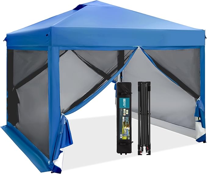 MFSTUDIO 10'x10' Pop Up Canopy Tent with Netting Portable Instant Folding Canopy Outdoor Canopy Screen Event Tent with 4 Zippered Mesh Netting for Garden Blue