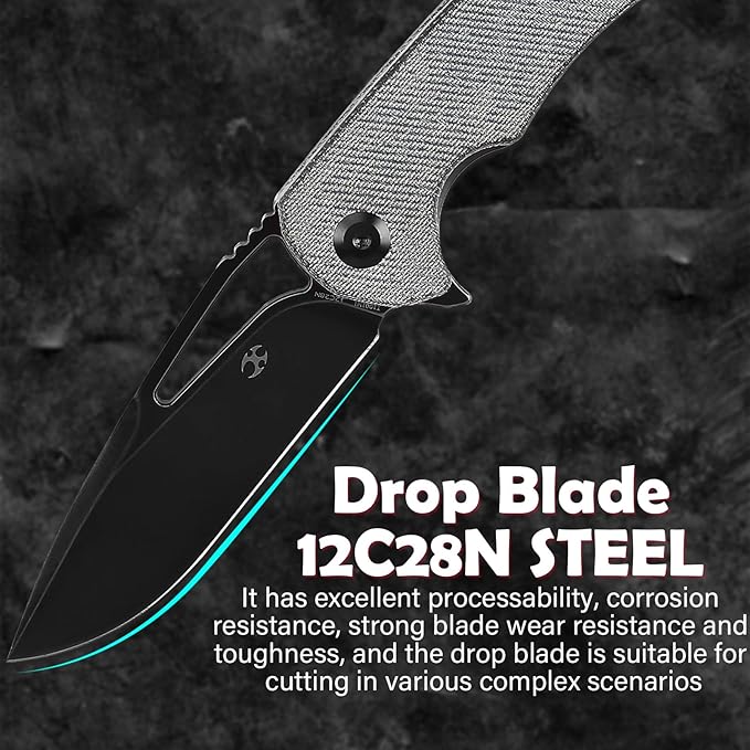 KANSEPT Kryo Pocket Knife 8.08in Folding Knives with 3.58in12C28N Steel Drop Point Blade and Denim Micarta Handle for Outdoor Tactical Survival and EDC T1001M1