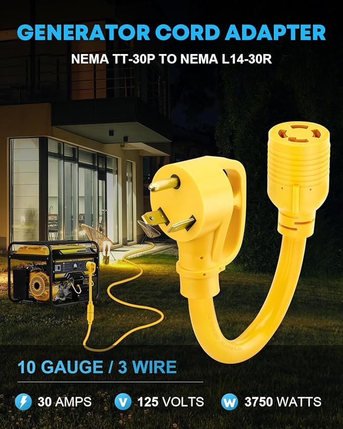 Kohree NEMA TT-30P to L14-30R Generator Adapter Cord 30Amp 3 Prong to 4 Prong Adapter Generator Transfer Switch Adapter Cord STW 10 AWG 12'' 30 Amp Male Generator to 30 Amp House Inlet Box Adapter