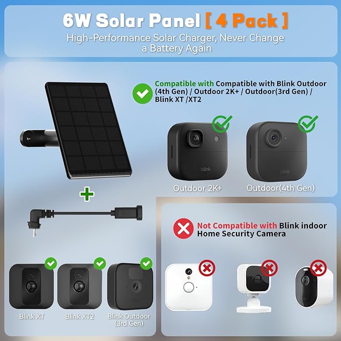 4 Pack 6W Solar Panel for Blink Camera High-Efficiency Monocrystalline Silicon Solar Panels Compatible with Blink Outdoor 2K+ 4(4th Gen)/(3rd Gen)/XT3XT2/XTIP66 Wterproof10Ft Outdoor Power Cable