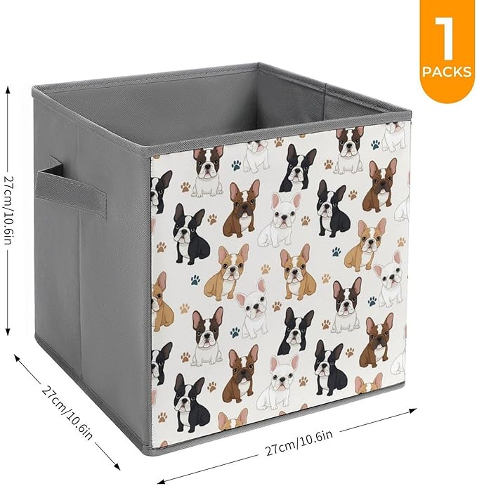 Collapsible Cube Storage Organizer with Handles Cute French Bulldog Foldable Fabric Bin for Shelves Perfect for Closet Bathroom Kids' Room &amp Nursery