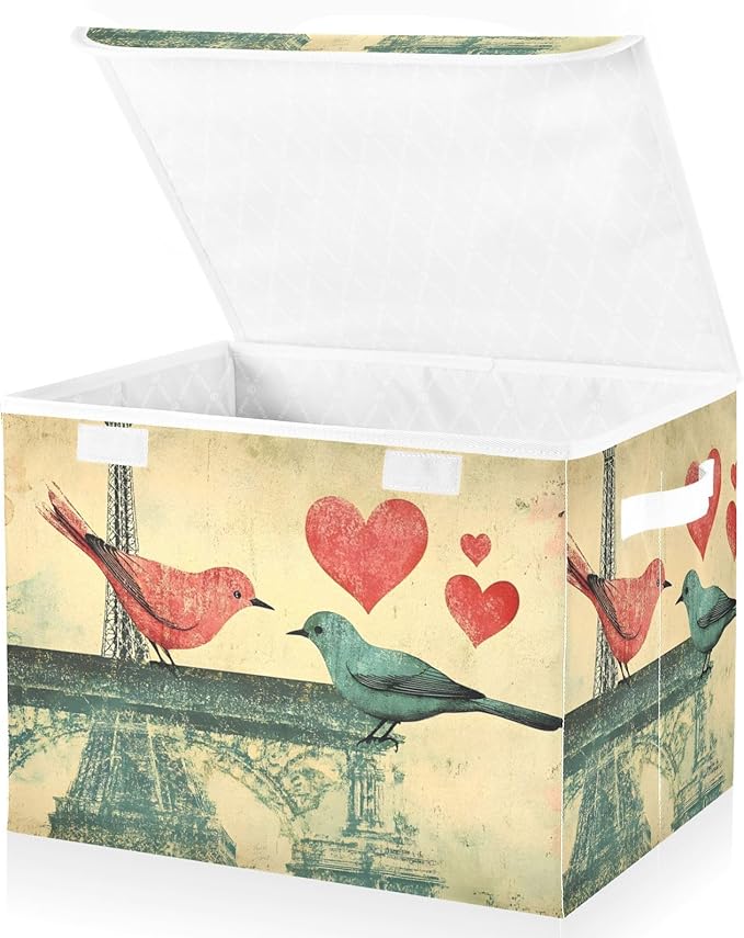 AIXIWAWA Lidded Storage Cube (Eiffel Birds Love) Fabric Foldable Closet Bins with Flip Lid and Handles Organizer Basket Container 16.5 x 12.6 x 11.8 IN