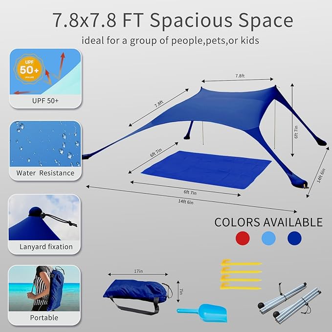 7×7 FT Beach Tent Sun Shelter UPF50+ UV Protection Outdoor Canopy Tent Sun Shade with 2 Poles for Camping Beach Fishing Backyard and Picnics Navy
