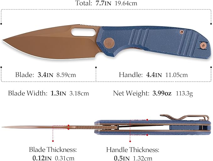 TRIVISA Gecko Folding Pocket Knife 3.4 14C28N Steel Blade Micarta Handle EDC Knife with Pocket Clip for Men Women Camping Hiking (Blue)