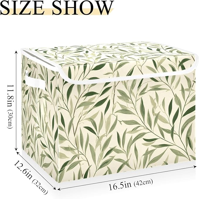Beige Botanical Willow Leaf Collapsible Storage Bins with Lids Decorative Fabric Cubes Closet Organizer Basket Boxes Containers for Clothes Box Chest Folding Rectangle