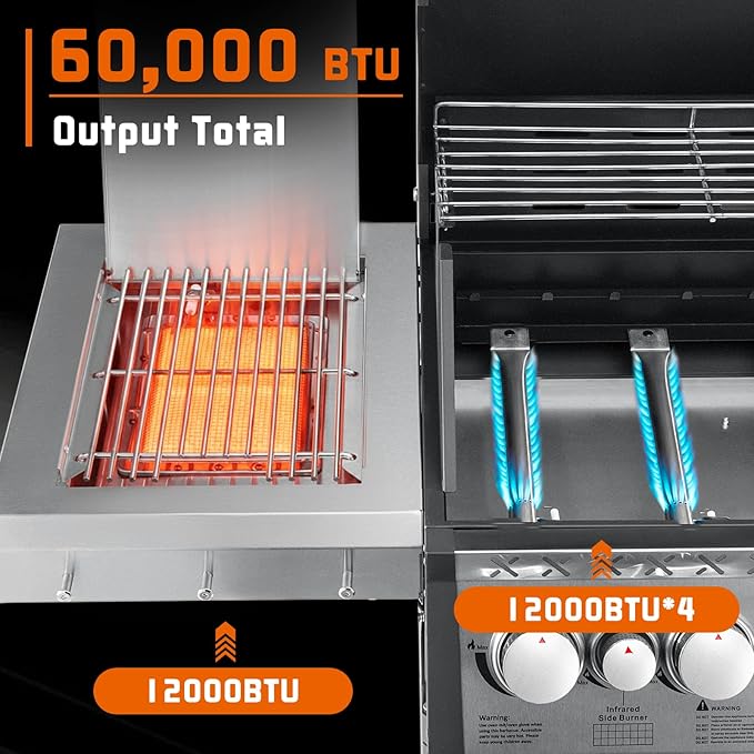 SKOK 4 Burner Propane Gas Grill with Infrared Side and Rear Burners Outdoor BBQ Grill with Cast Iron Grates Barbecue Grill with Wheels 60000BTU Output