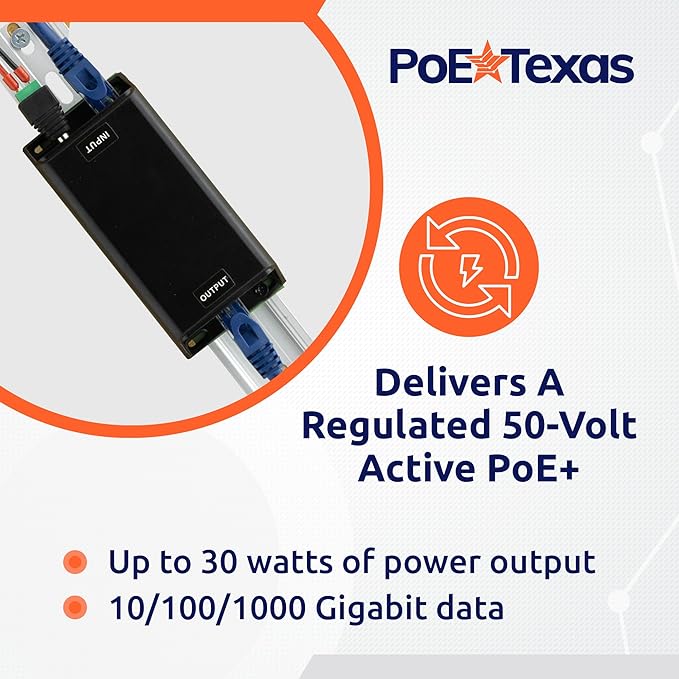 PoE Texas DC-Powered PoE+ (30 watt) Gigabit Inline Injector Converts 12-60V in to 50 Volt IEEE 802.3at PoE+ Out - Variable DC PoE Injector for Solar &amp Battery Powered Installations WiFi &amp Mor