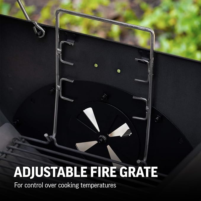 Char-Griller® Wrangler® Charcoal Grill in Black with Metal Shelves EasyDump™ Ash Pan Premium Wood Front and Side Shelves with Utensil Hooks 640 Cooking Square Inches in Black Model 2823