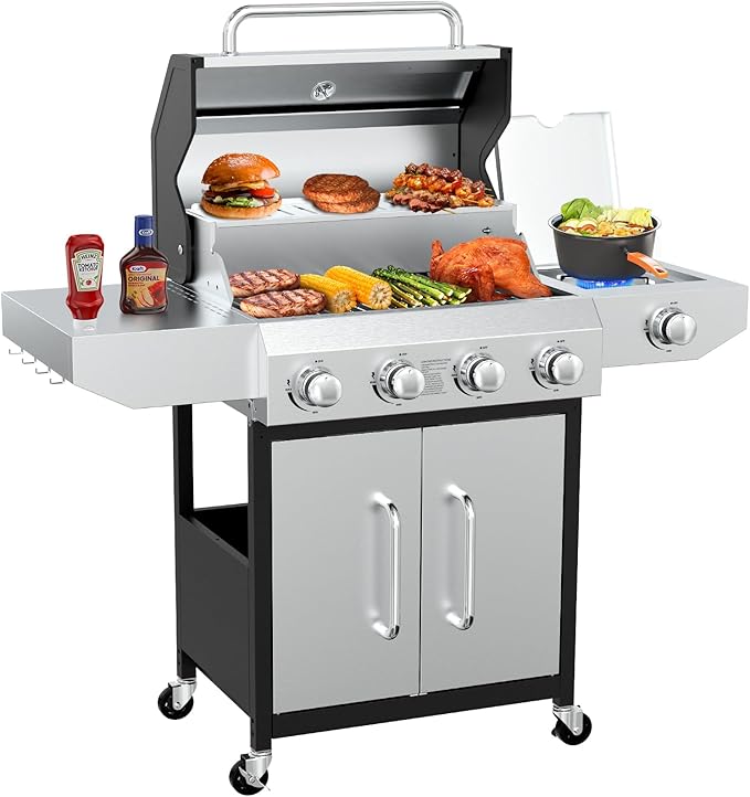 BESTFIRE 60000 BTU 4+1 Burner Propane Gas Grill - 647 sq. inches Stainless Steel Outdoor BBQ with Porcelain-Enameled Cast Iron Grates Side Burner &amp Storage Cabinet for Patio and Backyard Cooking