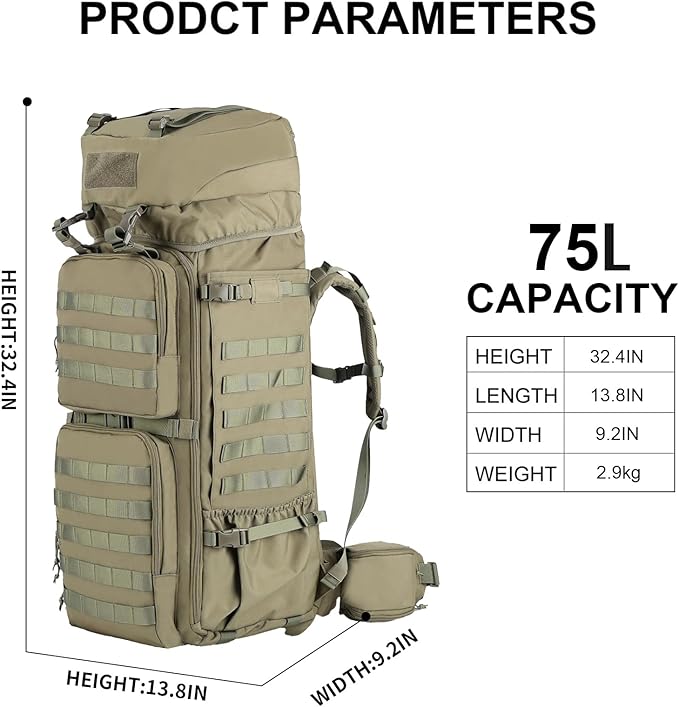 Zsearaymy 75L Hiking MOLLE Backpack with Internal Frame &amp Rain Cover for Tactical Camping Backpacking Survival Travel (OD.Green)