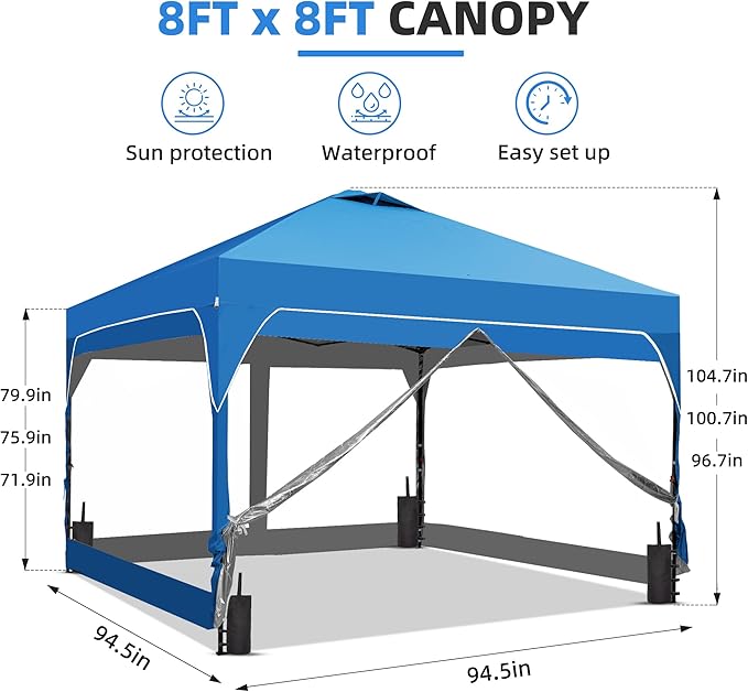 GDY 8x8 FT Pop Up Canopy Tent with One Push SetupSetup Gazebo with 4 PVC Transparent SidewallsEasy Carry for Events Parties Camping Blue