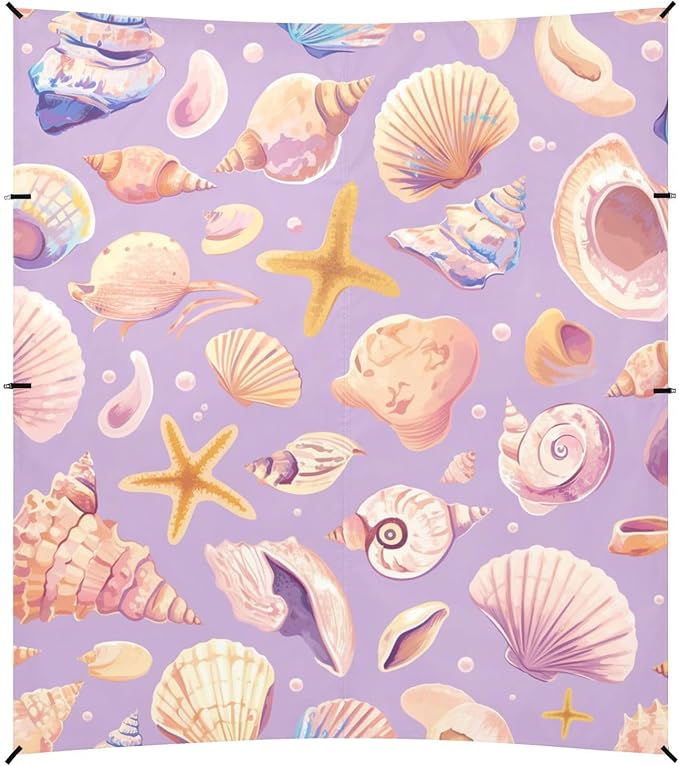 Seashells Different Shapes and Starfish Lilac Foldable Beach Canopy UPF50+ Protection Lightweight Large Sun Shelter with Carrying Bag for Camping Picnics Backyard