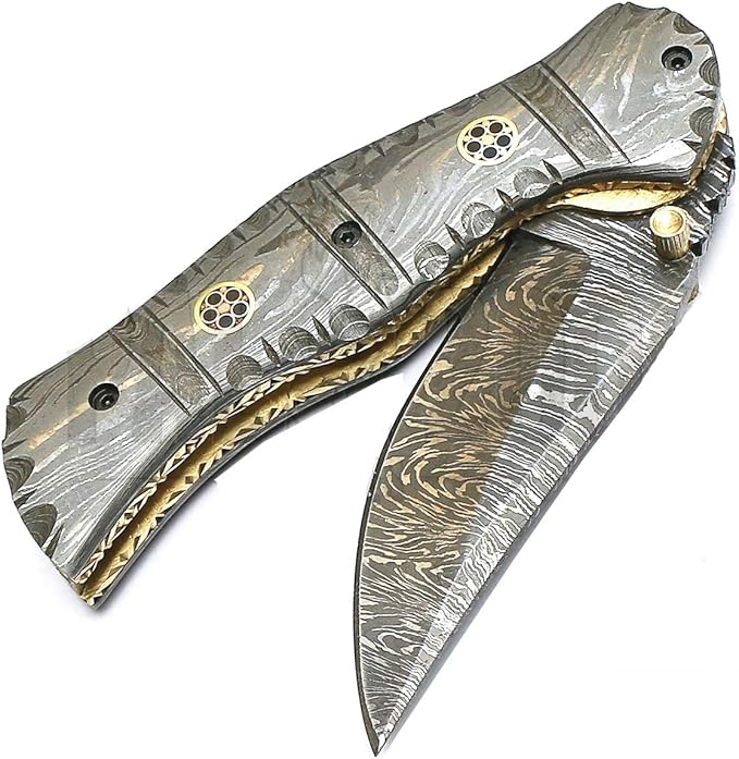 PAL 2000 KNIVES FPK-9020 Custom Handmade Damascus Steel 7.4 Inch Folding Pocket Knife Damascus Handle with Sheath