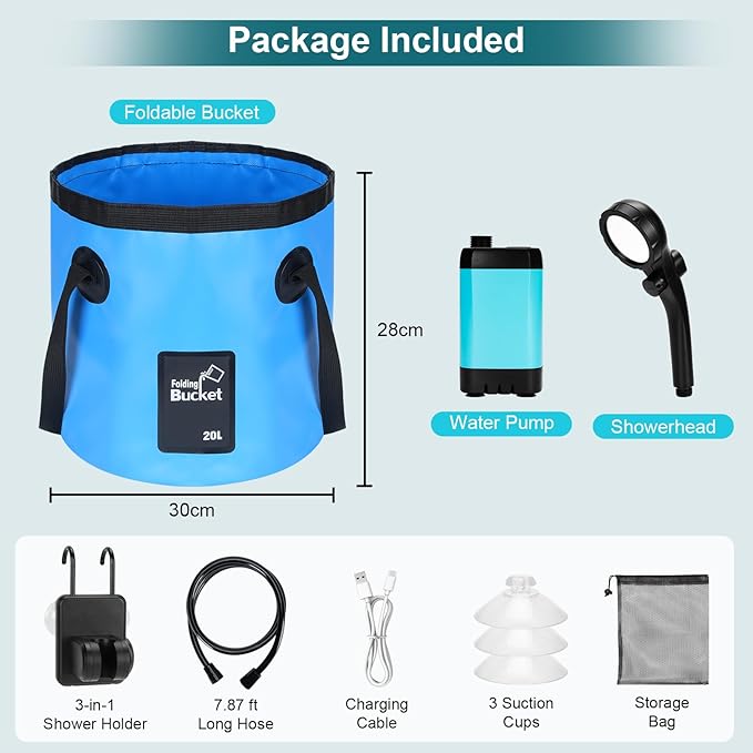 Portable Shower for Camping with 20L / 5.28 Gallons Foldable Bucket 7800mAh Rechargeable Shower Pump Outdoor Shower Kit with Digital Display for Hiking Travel Car Pet