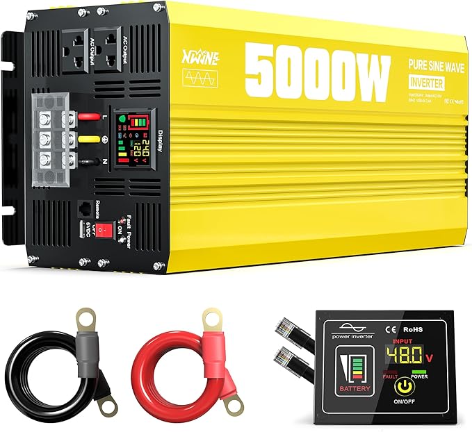 XWJNE 5000W Pure Sine Wave Power Inverter 24V DC to 120V AC Converter with LED Display and Remote Controller for Home RV Truck Off-Grid Solar Power