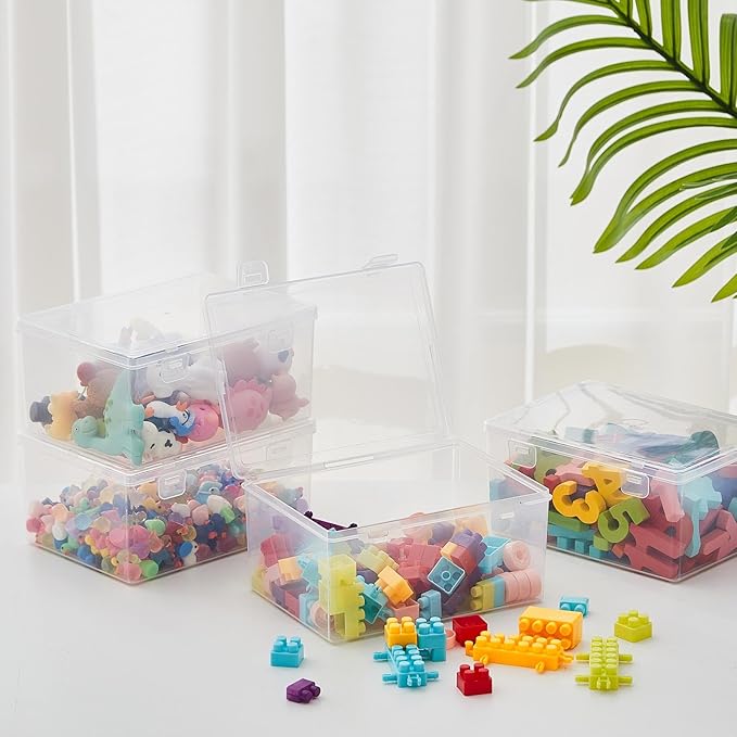 SiliFine 4 Pcs 7.09 x 5.2 x 3.43 Inch Clear Plastic Playroom and Gaming Storage Organizer Box Containers Stackable Storage Bins with Lids for Shelves or Cubbies Holds Puzzles Building Blocks