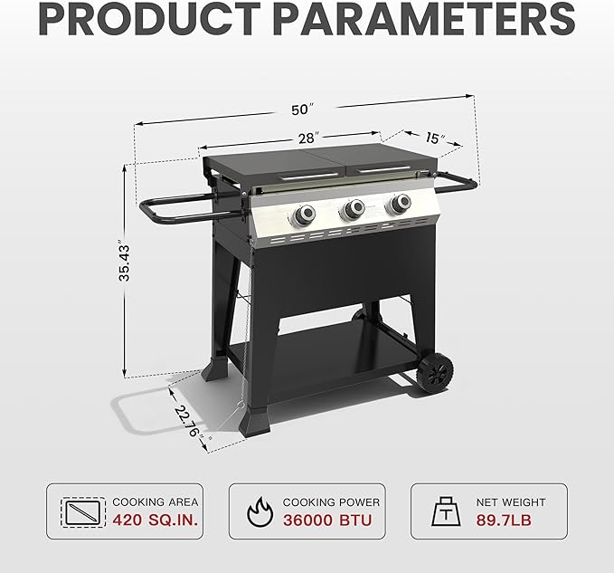 3-Burner Propane Gas Griddle 36000 BTU Outdoor Flat Top Propane Grill with 420 Sq In Cooking Area Rolling Wheels &amp Folding Side Shelves for Camping Tailgating &amp Backyard BBQ Black